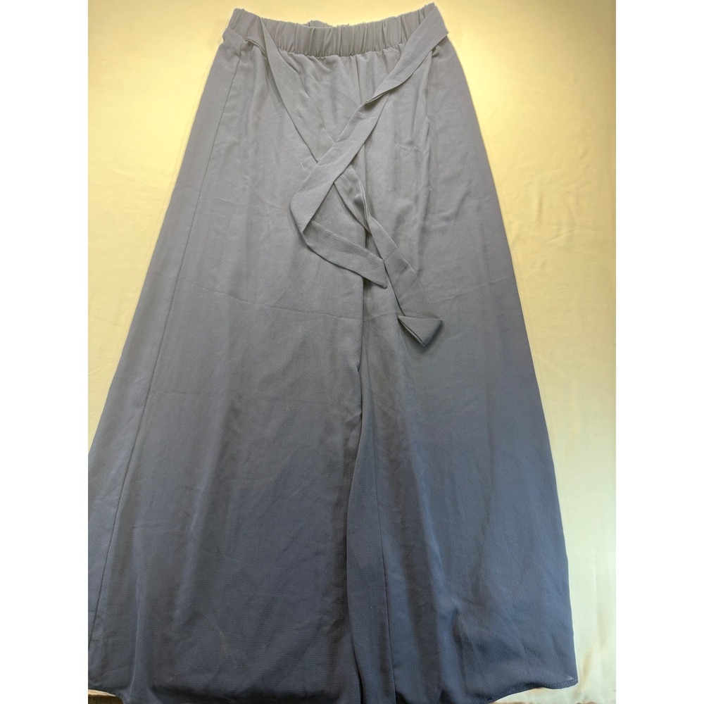VICI Women Large Navy Blue Wide Leg Pants High Waist Tie Belt Flowy Crepe Pants